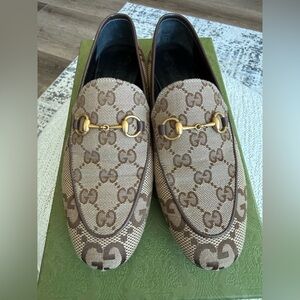 Gucci Women’s Beige/Brown GG Canvas Horsebit Loafers | Size 37.5 (US size 7-1/2)